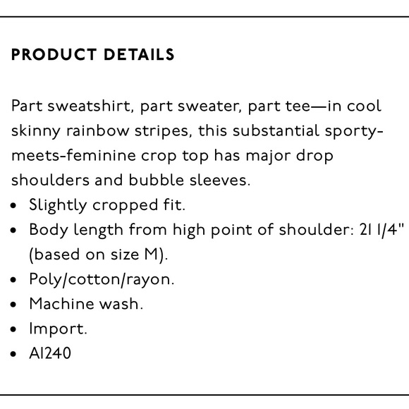 EUC Madewell Bubble-Sleeve Crop Top in Rainbow Stripe, Size Small - Picture 5 of 12